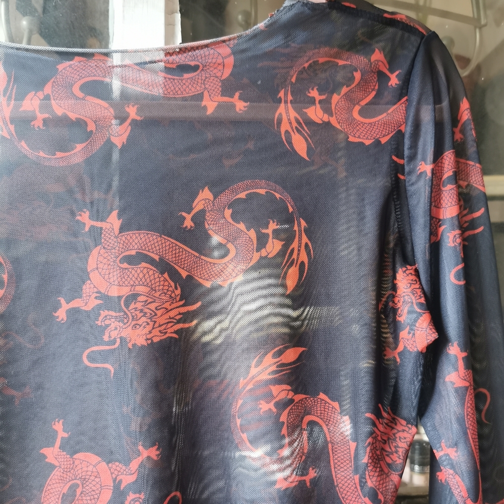3/10$ Black & Red Dragon Mesh Top - Picture 2 of 2